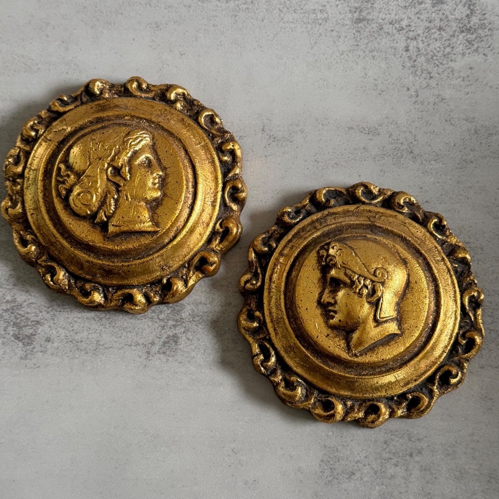Vintage Gold Roman Greek Medallion Wall Plaques Set of 2 Classical Profile Decor